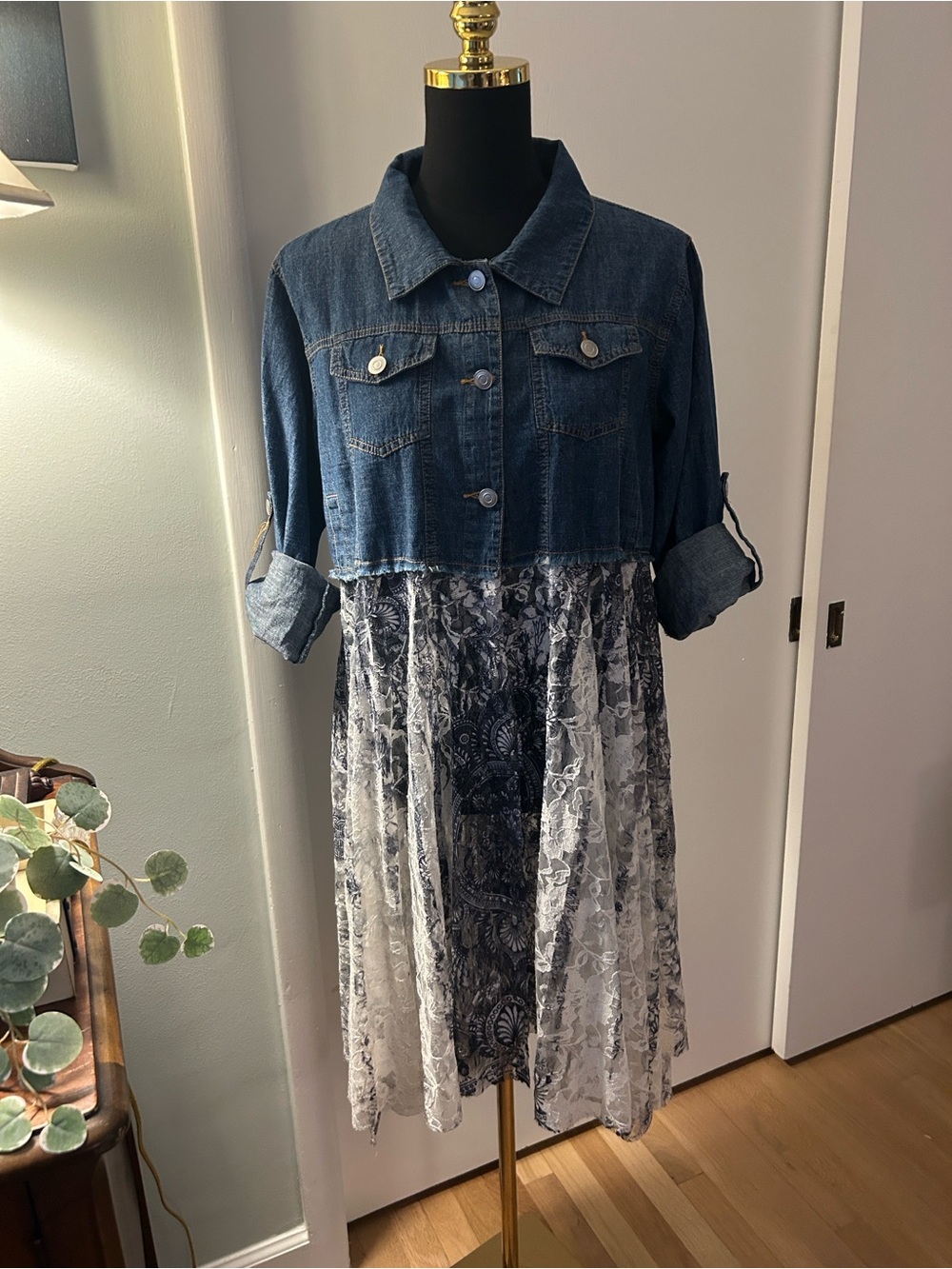 BCBGMaxAzria Denim Jacket Top with White Lace Midi Skirt